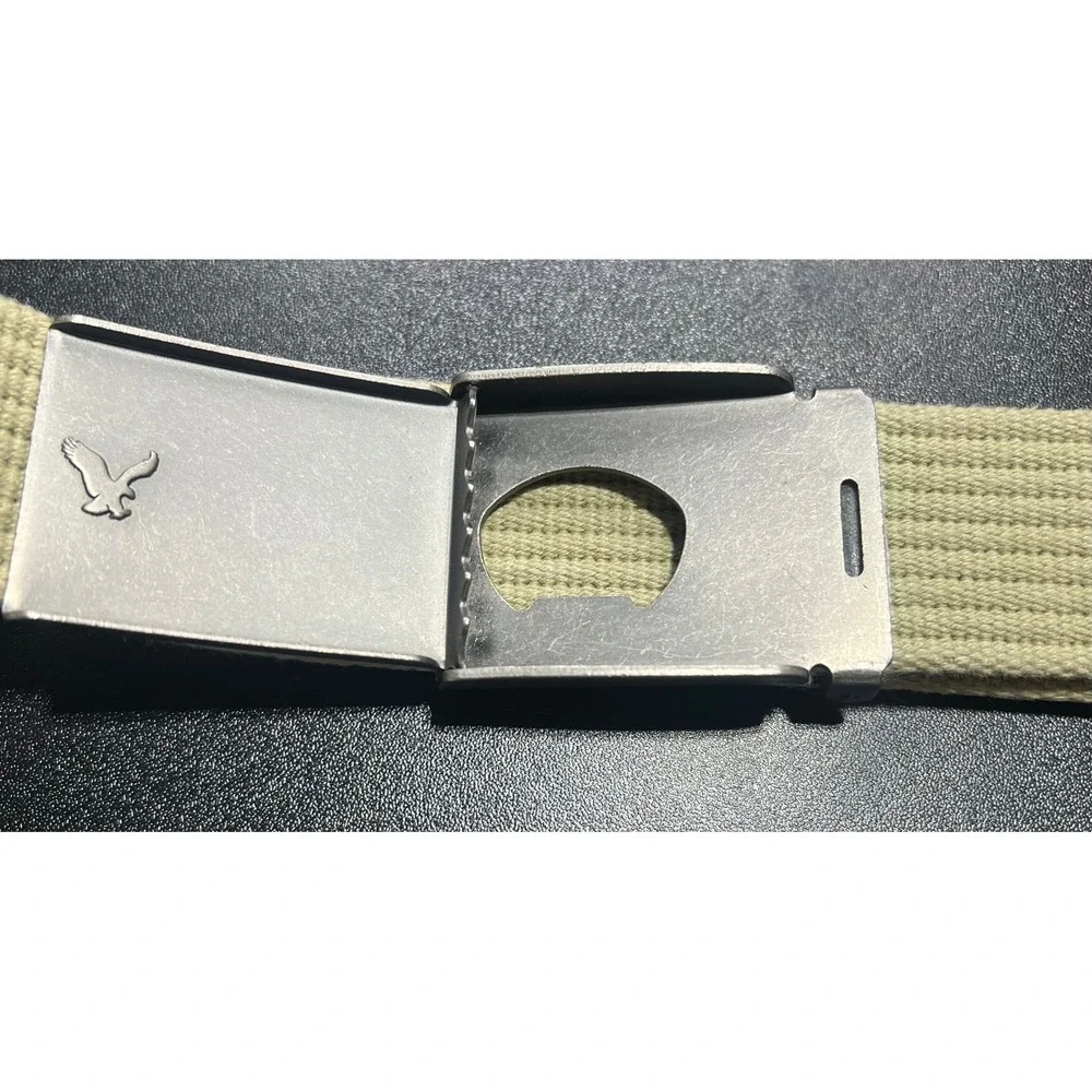 American Eagle Mens Khaki Canvas Web Belt Bottle Opener Buckle Tan Size S